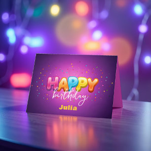 Bold Rainbow Balloon Letters on Purple Birthday Card