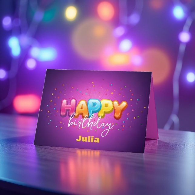 Bold Rainbow Balloon Letters on Purple Birthday Card (Creator Uploaded)