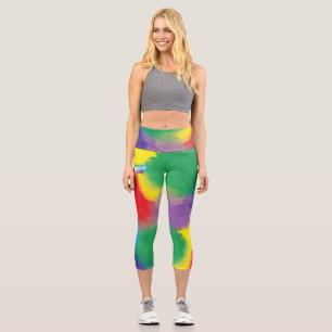 Bold Rainbow Flying Owl Watercolor Digital Paint Capri Leggings