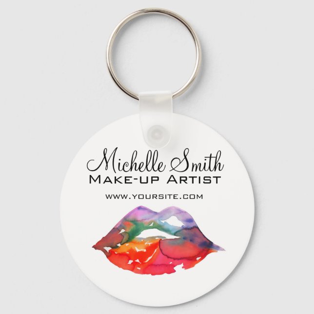 Bold Rainbow Lips Watercolor Drawing Beauty Makeup Key Ring (Front)