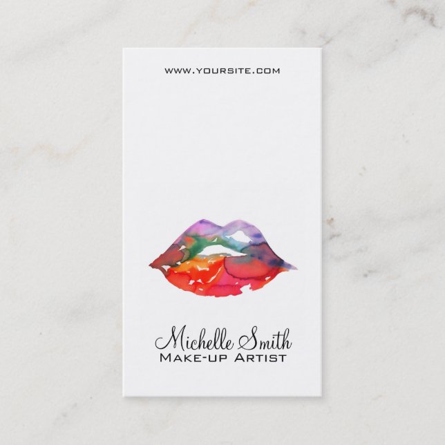 Bold Rainbow Lips Watercolor Drawing Makeup QR Business Card (Front)