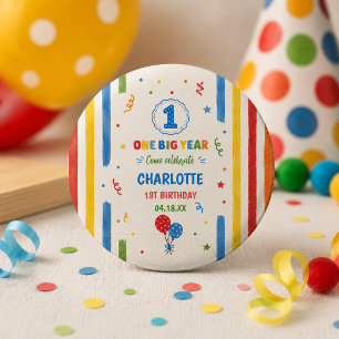 Bold Rainbow One Big Year 1st Birthday party 3 Cm Round Badge