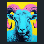 Bold Ram: Neon Pop Art Poster<br><div class="desc">This striking ram portrait fuses neon tones and pop art aesthetics to create a captivating centerpiece. With its bright blue,  pink,  and yellow palette,  this artwork radiates confidence and modern sophistication. Perfect for those who love unique animal-inspired decor with a contemporary twist.</div>