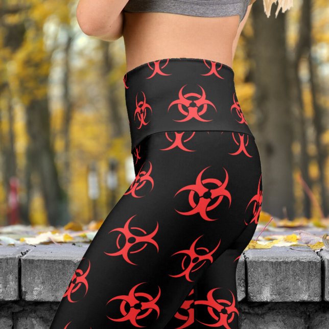 Bold Red and Black Biohazard Pattern Yoga Capri Leggings (Biohazard Red on Black)
