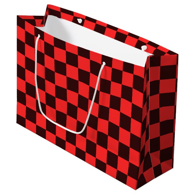 Bold Red and Black Chequered Pattern Design Large Gift Bag (Front Angled)