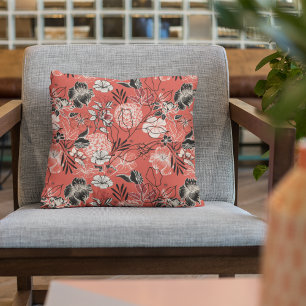 Bold Red and Black Floral Pattern Cushion