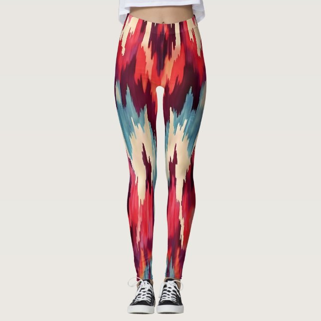 Bold Red and Black Ikat Design Leggings (Front)