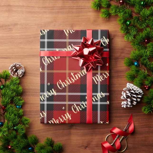 Bold Red and Black Plaid Pattern Merry Christmas Wrapping Paper (Holiday Gift)