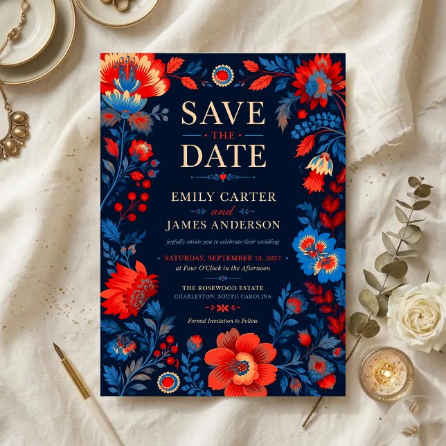 Bold Red and Blue Floral Save The Date (Creator Uploaded)