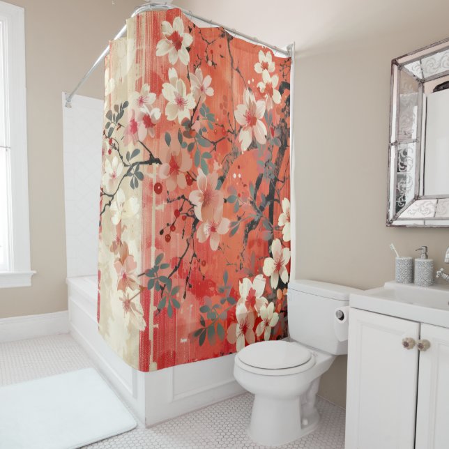 Bold Red and Cream Sakura Shower Curtain (In Situ)