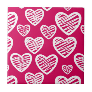 Bold Red and White Scribble Heart Pattern  Ceramic Tile