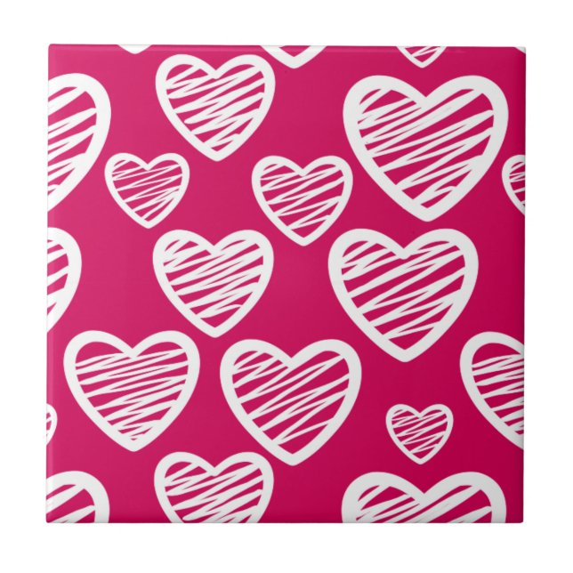 Bold Red and White Scribble Heart Pattern  Ceramic Tile (Front)