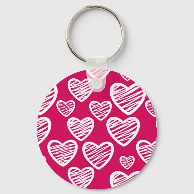 Bold Red and White Scribble Heart Pattern  Key Ring (Front)