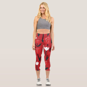 Bold Red and White Tulip Spring Floral Capri Leggings