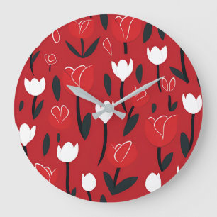 Bold Red and White Tulip Spring Floral Large Clock