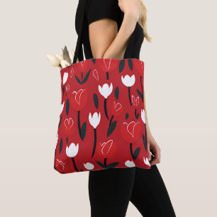 Bold Red and White Tulip Spring Floral Tote Bag