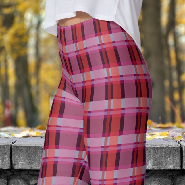 Bold Red and Wine Check Pattern Leggings (Bold Red and Wine Check Pattern Leggings)
