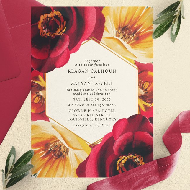 Bold Red and Yellow Floral Geometric Wedding Vellum Invitations (Creator Uploaded)