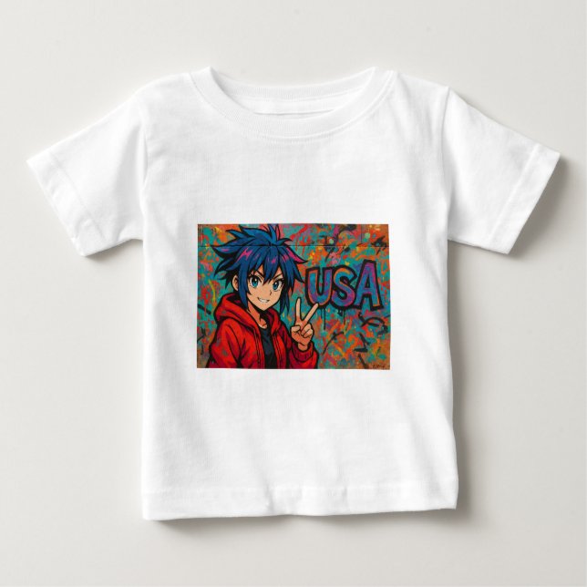 Bold Red Anime USA Graphic T-Shirt (Front)