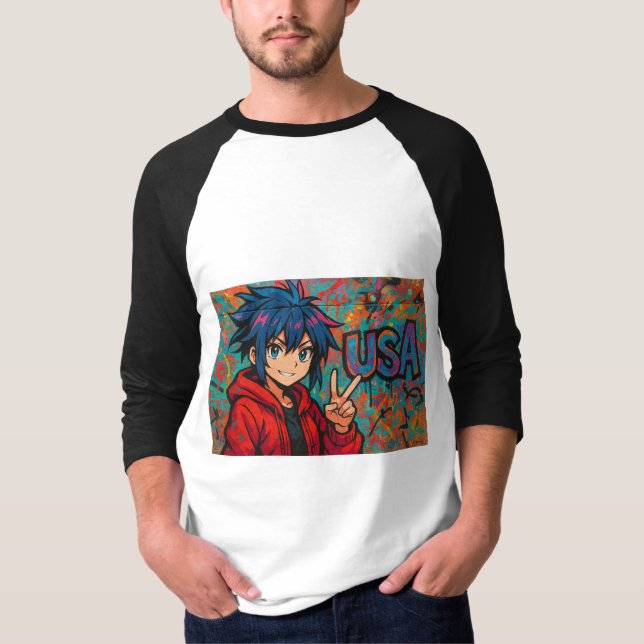 Bold Red Anime USA Graphic T-Shirt (Front)