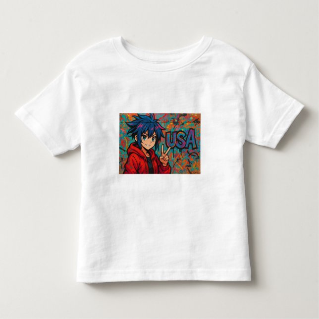 Bold Red Anime USA Graphic T-Shirt (Front)