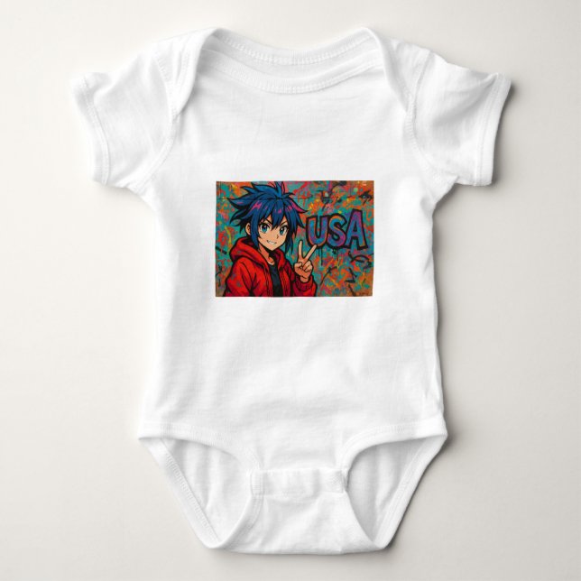 Bold Red Anime USA Graphic T-Shirt Baby Bodysuit (Front)