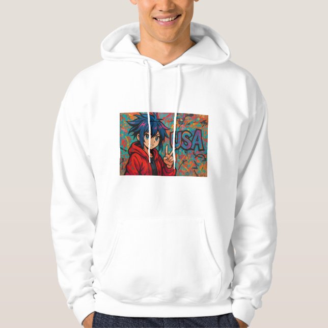 Bold Red Anime USA Graphic T-Shirt Hoodie (Front)