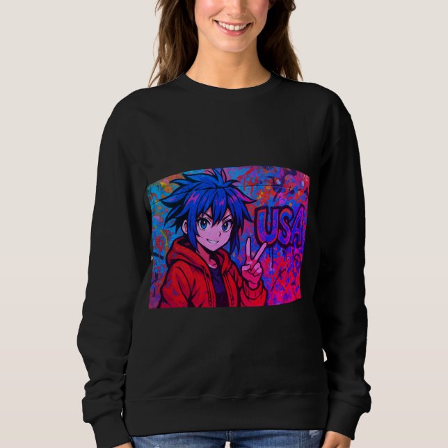 Bold Red Anime USA Graphic T-Shirt Sweatshirt (Front)