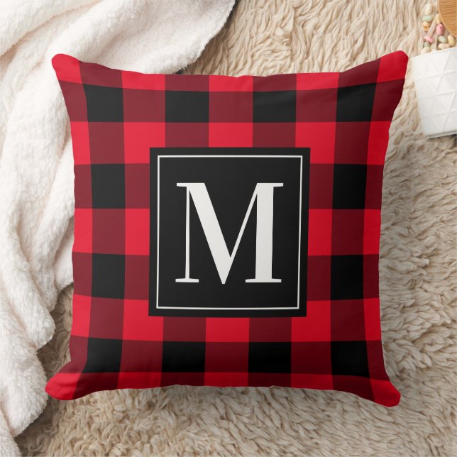 Bold Red Black Buffalo Plaid Monogram Christmas Cushion (Blanket)