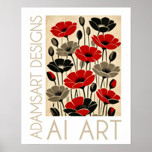 Bold Red & Black Retro Poppies Floral Poster