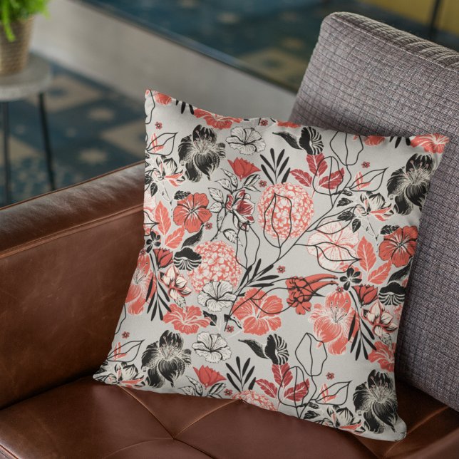 Bold Red Black Taupe Floral Pattern Cushion (Elegant Modern Bold Red Black Floral Pillow. Hibiscus, Hydrangea & Magnolia Tropical Flowers. Taupe.)