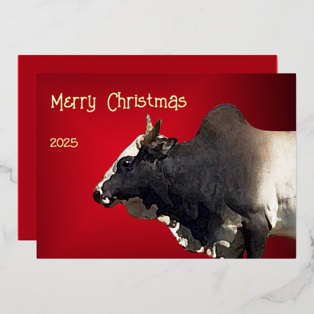 Bold Red Brahma Bull Cattle Farmer Christmas Foil Holiday Card (Front/Back)