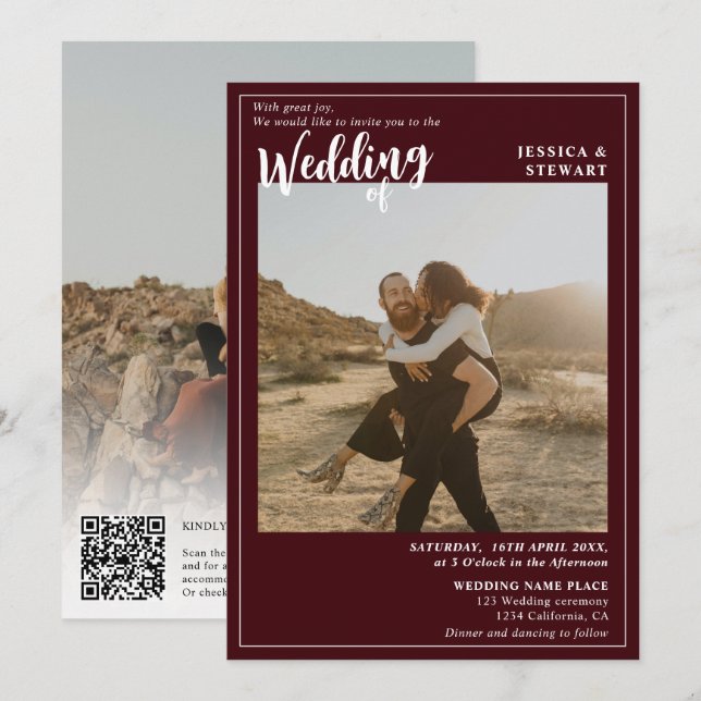 Bold red burgundy wedding script photo Qr code Invitation (Front/Back)