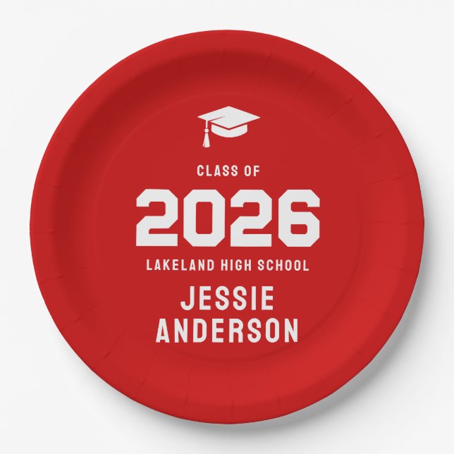 Bold Red Class of 2026 Graduation Design Paper Plate (Front)