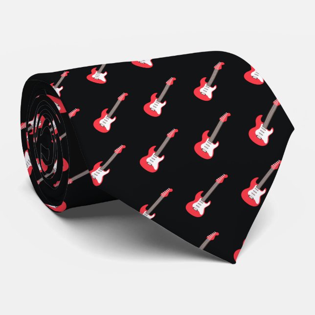 Bold Red Electric Guitar Black Rock Music Pattern Tie (Rolled)