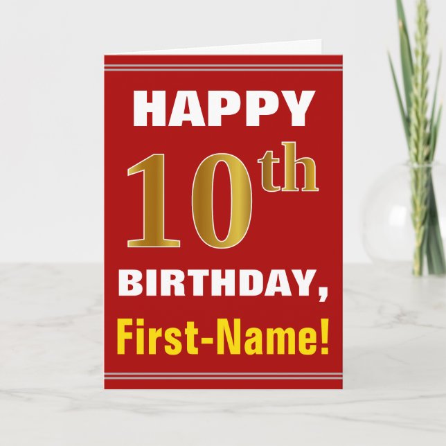 Bold, Red, Faux Gold 10th Birthday w/ Name Card (Front)