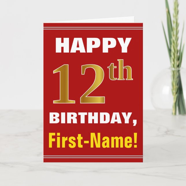 Bold, Red, Faux Gold 12th Birthday w/ Name Card (Front)