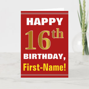 Bold, Red, Faux Gold 16th Birthday w/ Name Card