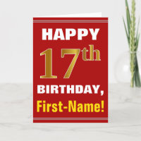 Bold, Red, Faux Gold 17th Birthday w/ Name Card