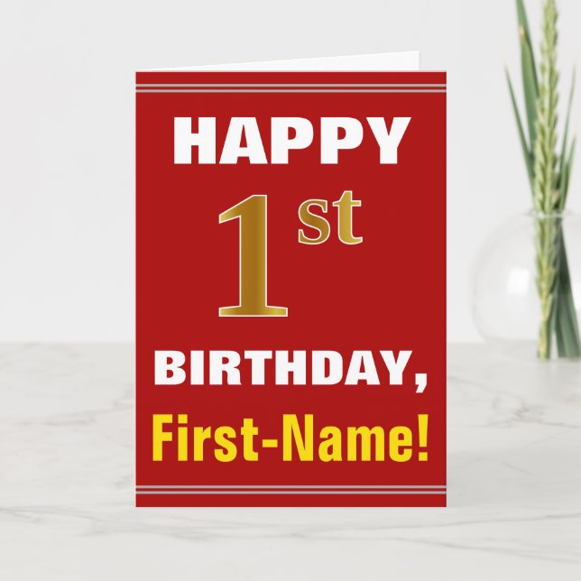 Bold, Red, Faux Gold 1st Birthday w/ Name Card (Front)