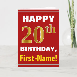 Bold, Red, Faux Gold 20th Birthday w/ Name Card
