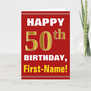 Bold, Red, Faux Gold 50th Birthday w/ Name Card