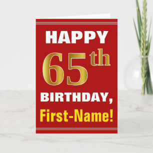 Bold, Red, Faux Gold 65th Birthday w/ Name Card