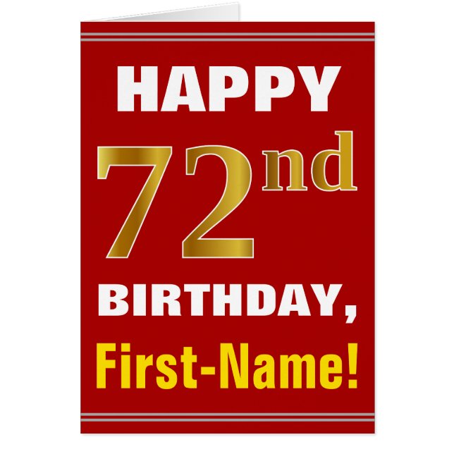 Bold, Red, Faux Gold 72nd Birthday w/ Name Card (Front)