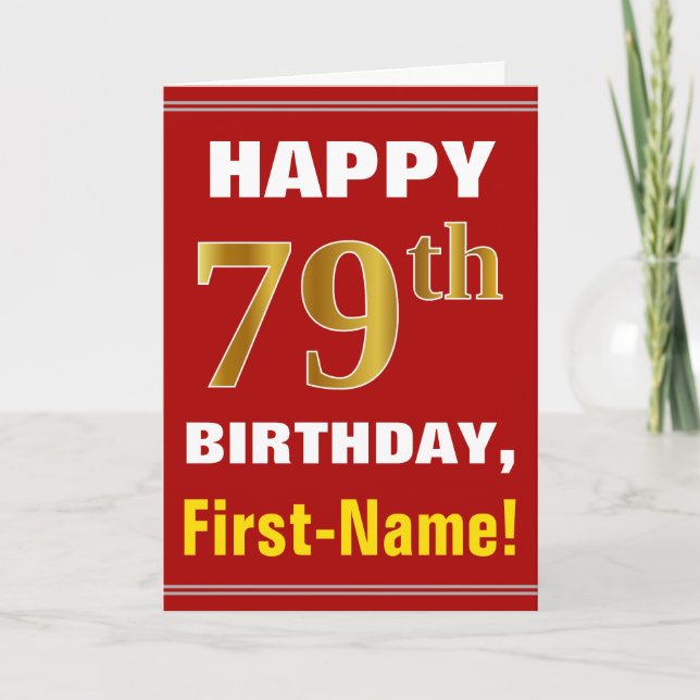 Bold, Red, Faux Gold 79th Birthday w/ Name Card (Front)