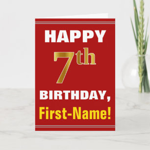 Bold, Red, Faux Gold 7th Birthday w/ Name Card