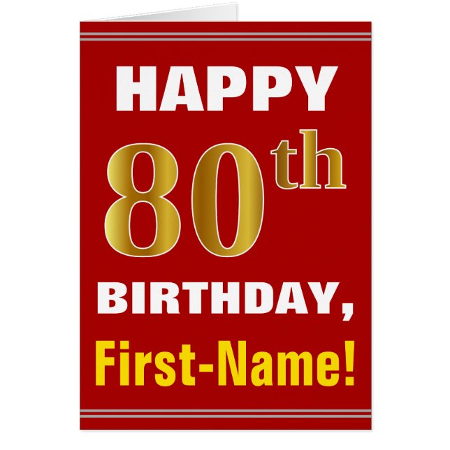 Bold, Red, Faux Gold 80th Birthday w/ Name Card (Front)