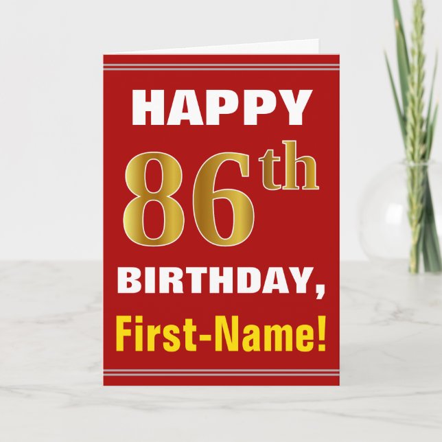 Bold, Red, Faux Gold 86th Birthday w/ Name Card (Front)