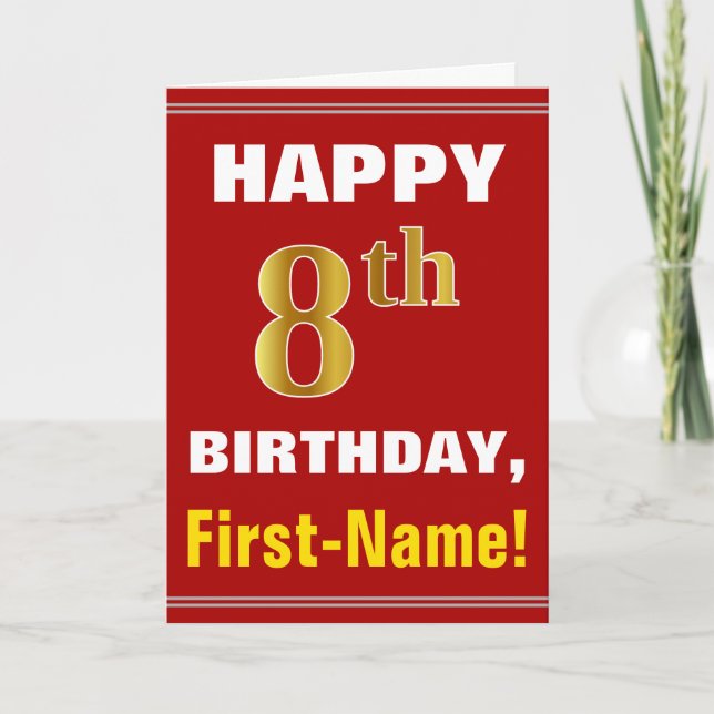 Bold, Red, Faux Gold 8th Birthday w/ Name Card (Front)