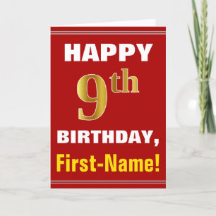 Bold, Red, Faux Gold 9th Birthday w/ Name Card